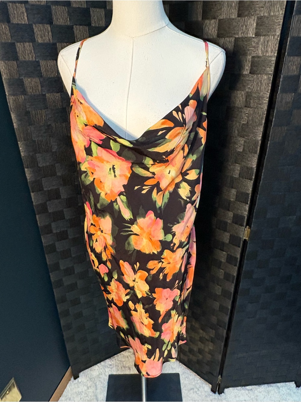 Vintage Style H&M Floral Cowl Neck Midi Slip Dress Low Back Adjustable